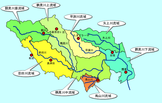 鶴見川流域の８亜流域マップ